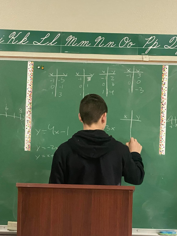 Kid writing on chalkboard